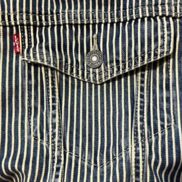 Levis Premium Denim Jean Trucker Jacket Mens XL Hickory Stripe Railroad Big E - Picture 3 of 6